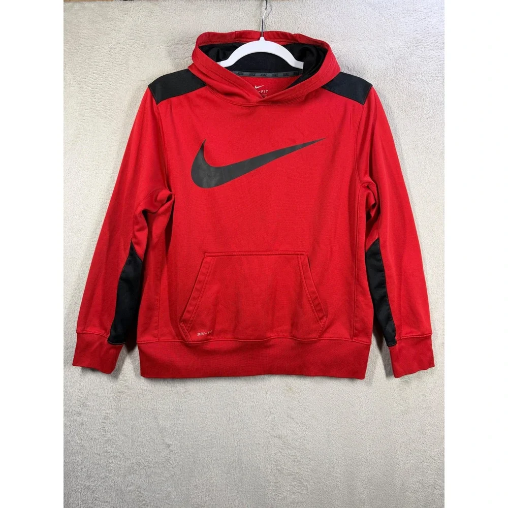 Nike Dri-FIT Hoodie Kids XL Red Black Swoosh Logo Athletic Sweatshirt Pullover